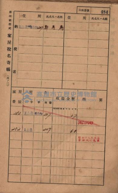 高雄州鳳山郡林園庄王公廟家屋稅名寄帳
（三冊之內第三號）藏品圖，第88張