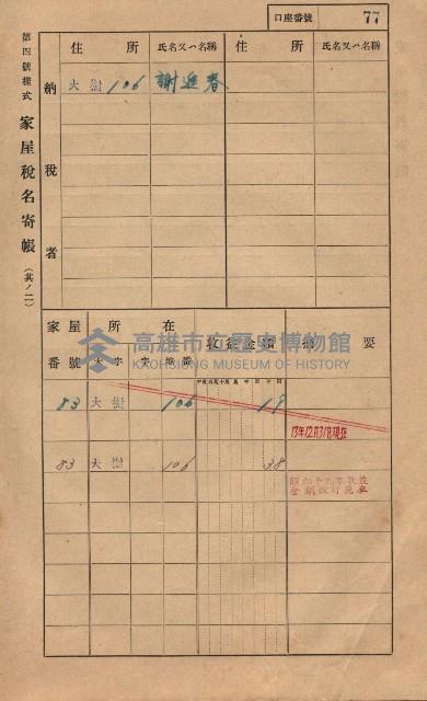 高雄州鳳山郡大樹庄大樹家屋稅名寄帳
（一冊之內第一號）藏品圖，第88張