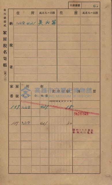 高雄州鳳山郡大樹庄九曲堂家屋稅名寄帳
（二冊之內第一號）藏品圖，第88張