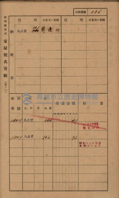 高雄州鳳山郡大樹庄九曲堂家屋稅名寄帳
（二冊之內第二號）藏品圖，第138張