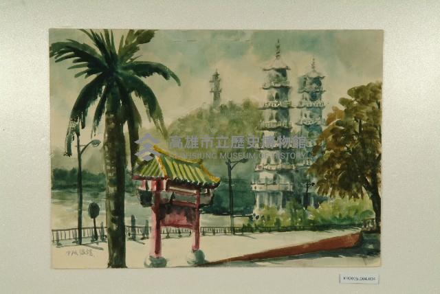 水彩畫：興建中的龍虎塔（左營）藏品圖，第1張