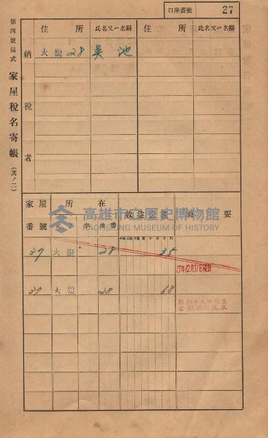 高雄州鳳山郡大樹庄大樹家屋稅名寄帳
（一冊之內第一號）藏品圖，第38張