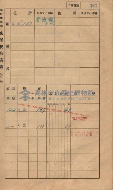 高雄州鳳山郡大樹庄大樹家屋稅名寄帳
（一冊之內第一號）藏品圖，第178張