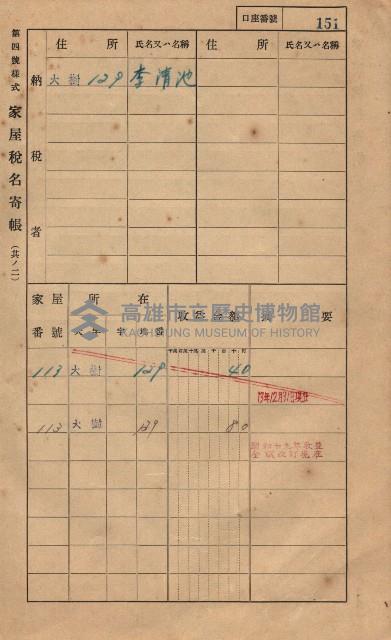 高雄州鳳山郡大樹庄大樹家屋稅名寄帳
（一冊之內第一號）藏品圖，第162張