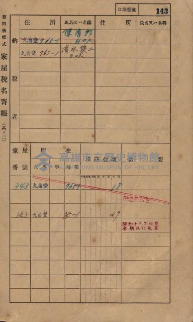 高雄州鳳山郡大樹庄九曲堂家屋稅名寄帳
（二冊之內第一號）藏品圖，第162張