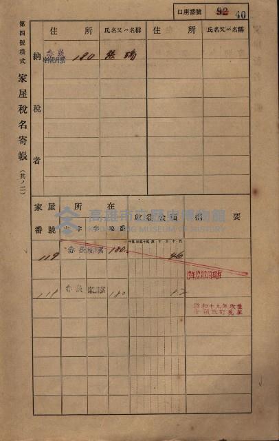 高雄州鳳山郡大寮庄赤崁家屋稅名寄帳
（三冊之內第一號）藏品圖，第62張