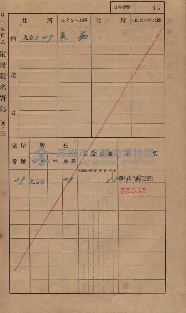 高雄州鳳山郡大樹庄九曲堂家屋稅名寄帳
（二冊之內第一號）藏品圖，第62張