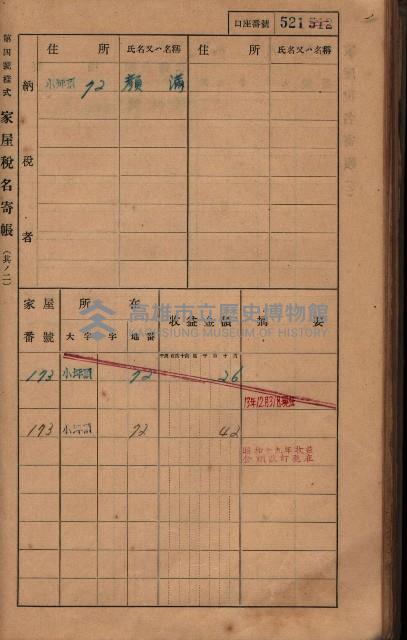 高雄州鳳山郡大樹庄小坪頂家屋稅名寄帳
（三冊之內第三號）藏品圖，第122張
