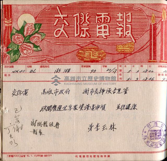 謝掙強連任第二屆高雄市長賀報藏品圖，第21張