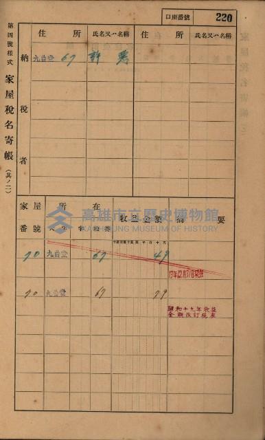 高雄州鳳山郡大樹庄九曲堂家屋稅名寄帳
（二冊之內第二號）藏品圖，第22張