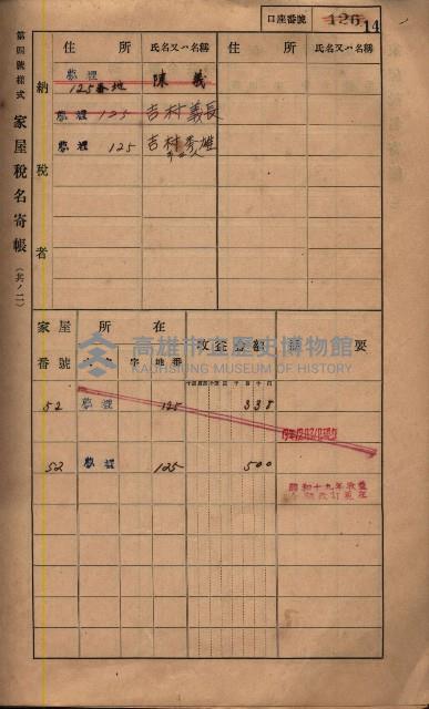 高雄州鳳山郡鳥松庄夢裡、崎子脚、十九灣家屋稅名寄帳
（一冊之內第一號）藏品圖，第22張
