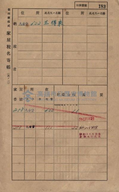 高雄州鳳山郡大樹庄九曲堂家屋稅名寄帳
（二冊之內第一號）藏品圖，第202張