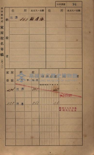 高雄州鳳山郡大寮庄拷潭家屋稅名寄帳
（二冊之內第一號）藏品圖，第102張