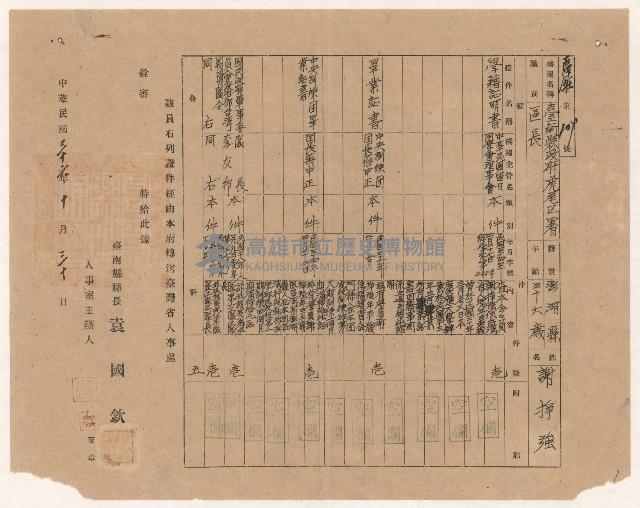 謝掙強台南縣政府虎尾區署區長證件轉送公文109~112號藏品圖，第1張