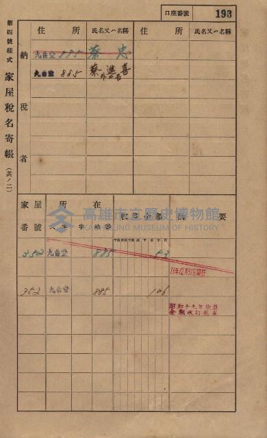 高雄州鳳山郡大樹庄九曲堂家屋稅名寄帳
（二冊之內第一號）藏品圖，第212張