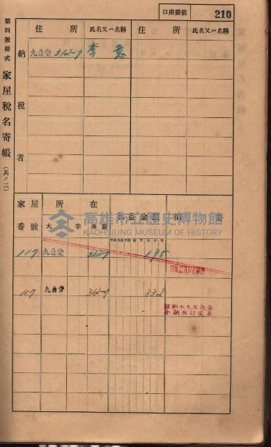 高雄州鳳山郡大樹庄九曲堂家屋稅名寄帳
（二冊之內第二號）藏品圖，第12張