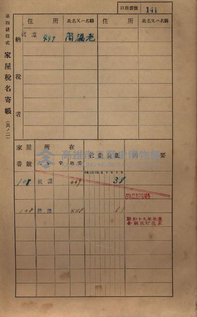 高雄州鳳山郡大寮庄拷潭家屋稅名寄帳
（二冊之內第一號）藏品圖，第152張