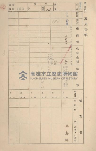 鳳山郡鳥松庄田草埔家屋臺帳
（二冊之內第一號）藏品圖，第152張