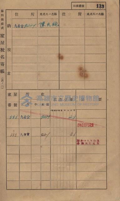 高雄州鳳山郡大樹庄九曲堂家屋稅名寄帳
（二冊之內第一號）藏品圖，第152張