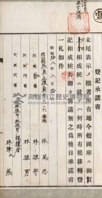 阿公店溪治水用工事道路寄附
登記濟證綴藏品圖，第52張