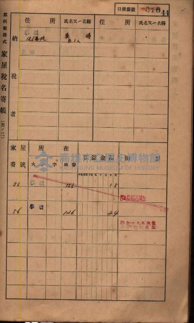 高雄州鳳山郡鳥松庄夢裡、崎子脚、十九灣家屋稅名寄帳
（一冊之內第一號）藏品圖，第52張