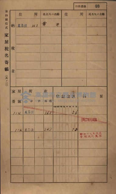 高雄州鳳山郡小港庄鳳鼻頭家屋稅名寄帳
（一冊之內第一號）藏品圖，第52張