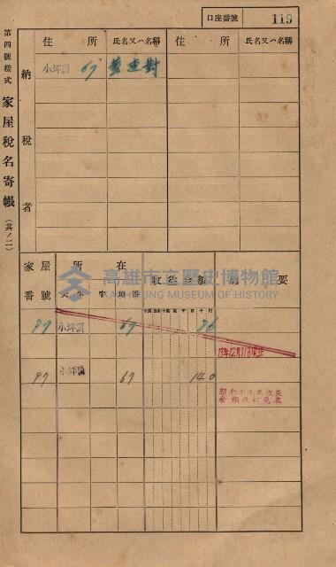 高雄州鳳山郡大樹庄小坪頂家屋稅名寄帳
（三冊之內第一號）藏品圖，第142張