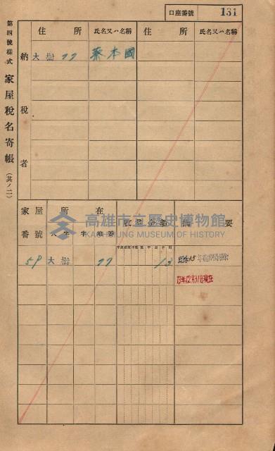高雄州鳳山郡大樹庄大樹家屋稅名寄帳
（一冊之內第一號）藏品圖，第142張
