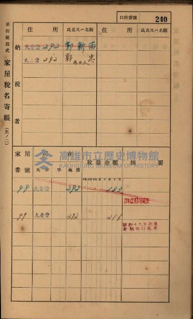 高雄州鳳山郡大樹庄九曲堂家屋稅名寄帳
（二冊之內第二號）藏品圖，第42張