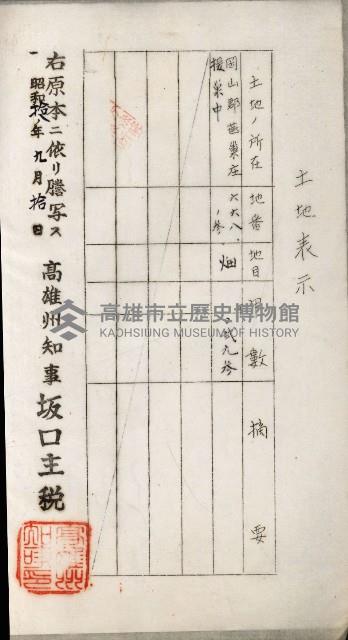 阿公店溪治水用工事道路寄附
登記濟證綴藏品圖，第42張