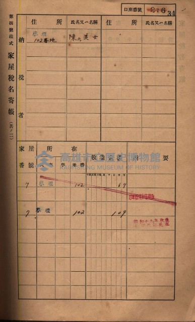 高雄州鳳山郡鳥松庄夢裡、崎子脚、十九灣家屋稅名寄帳
（一冊之內第一號）藏品圖，第42張