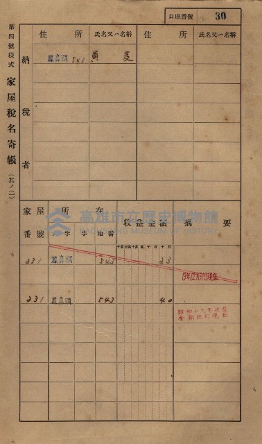 高雄州鳳山郡小港庄鳳鼻頭家屋稅名寄帳
（一冊之內第一號）藏品圖，第42張