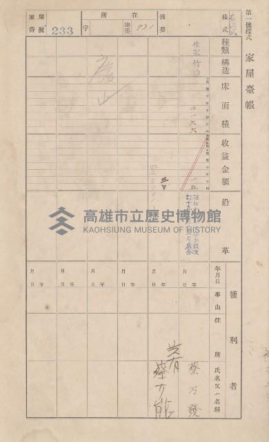 鳳山郡仁武庄翠屏村二之二家屋臺帳
（四冊之內第四號）藏品圖，第192張