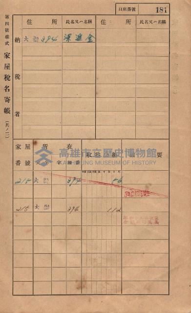 高雄州鳳山郡大樹庄大樹家屋稅名寄帳
（一冊之內第一號）藏品圖，第192張