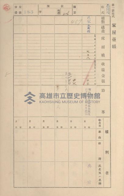鳳山郡鳥松庄田草埔家屋臺帳
（二冊之內第一號）藏品圖，第182張