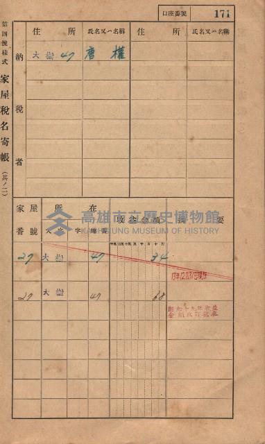 高雄州鳳山郡大樹庄大樹家屋稅名寄帳
（一冊之內第一號）藏品圖，第182張