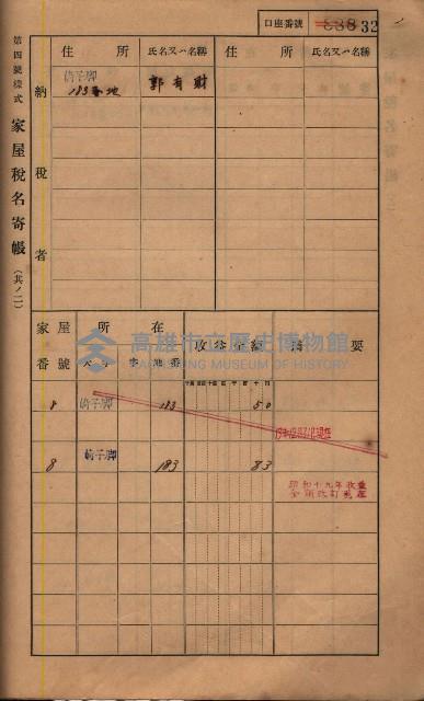 高雄州鳳山郡鳥松庄夢裡、崎子脚、十九灣家屋稅名寄帳
（一冊之內第一號）藏品圖，第182張