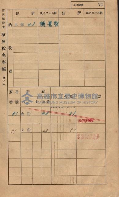 高雄州鳳山郡大樹庄大樹家屋稅名寄帳
（一冊之內第一號）藏品圖，第82張