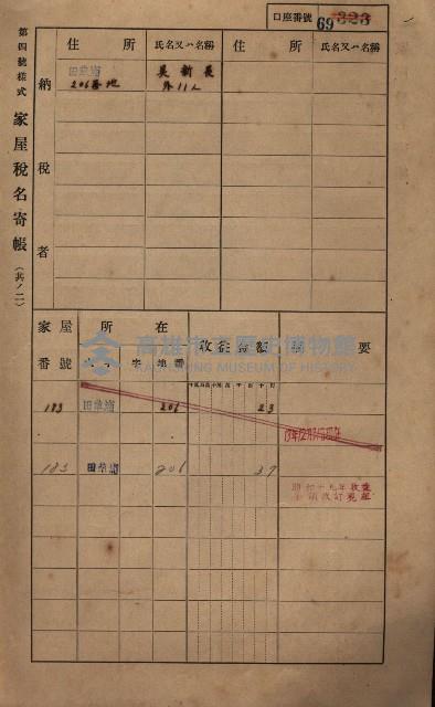 高雄州鳳山郡鳥松庄田草埔家屋稅名寄帳藏品圖，第82張