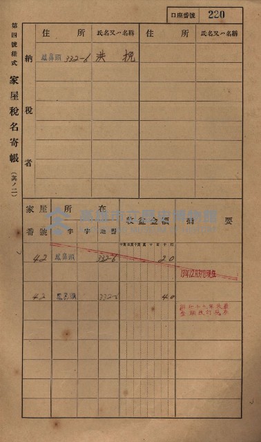 高雄州鳳山郡小港庄鳳鼻頭家屋稅名寄帳
（一冊之內第一號）藏品圖，第232張