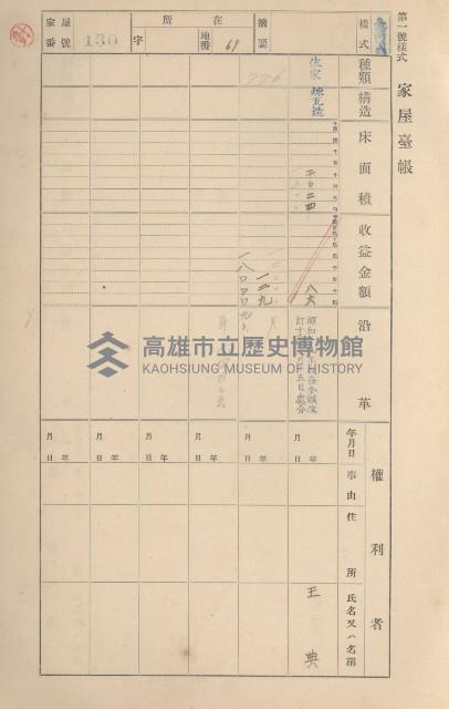 鳳山郡鳥松庄田草埔家屋臺帳
（二冊之內第一號）藏品圖，第132張