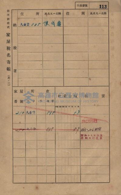 高雄州鳳山郡大樹庄九曲堂家屋稅名寄帳
（二冊之內第一號）藏品圖，第132張