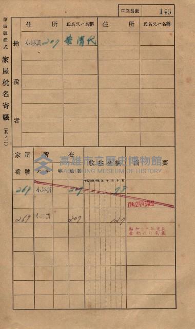 高雄州鳳山郡大樹庄小坪頂家屋稅名寄帳
（三冊之內第一號）藏品圖，第172張