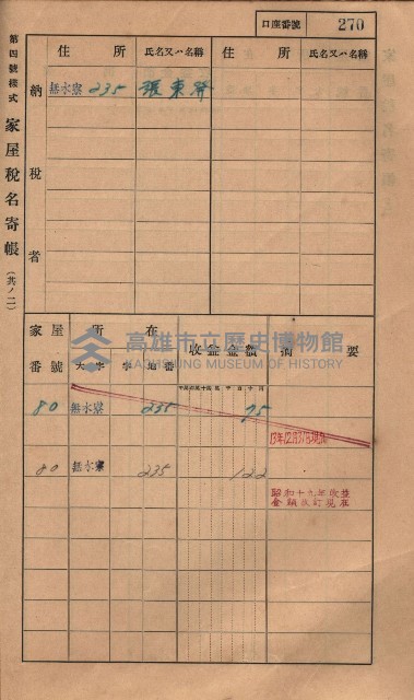 高雄州鳳山郡大樹庄無水寮家屋稅名寄帳
（二冊之內第二號）藏品圖，第72張