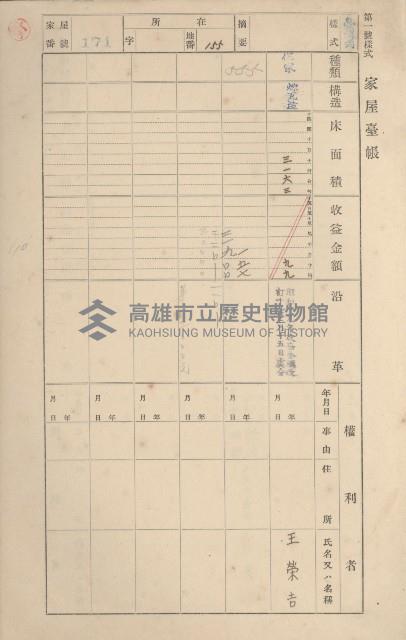鳳山郡鳥松庄田草埔家屋臺帳
（二冊之內第一號）藏品圖，第170張