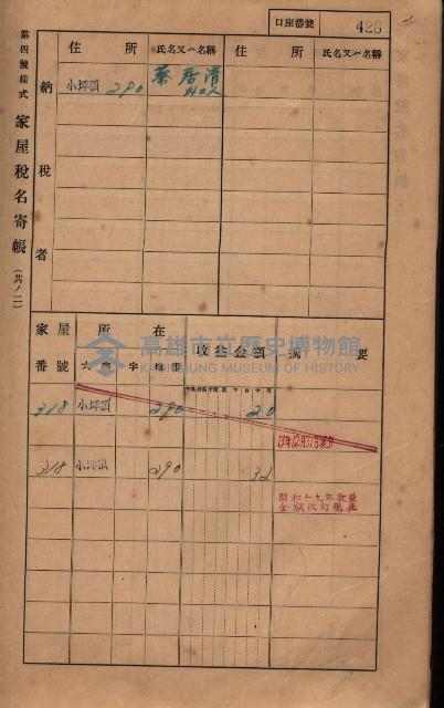 高雄州鳳山郡大樹庄小坪頂家屋稅名寄帳
（三冊之內第三號）藏品圖，第30張