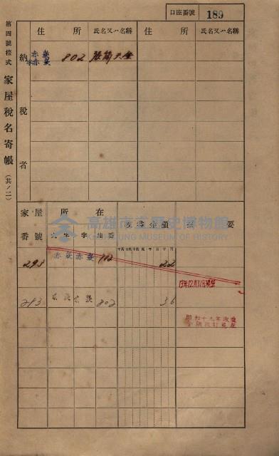 高雄州鳳山郡大寮庄赤崁家屋稅名寄帳
（三冊之內第一號）藏品圖，第210張