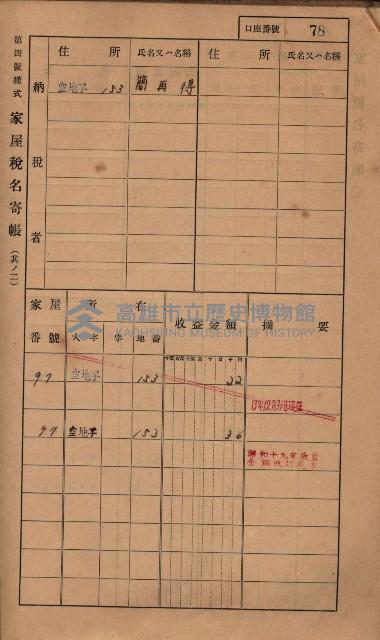 高雄州鳳山郡小港庄塩水港、中大厝、空地子
家屋稅名寄帳（一冊之內第一號）藏品圖，第110張