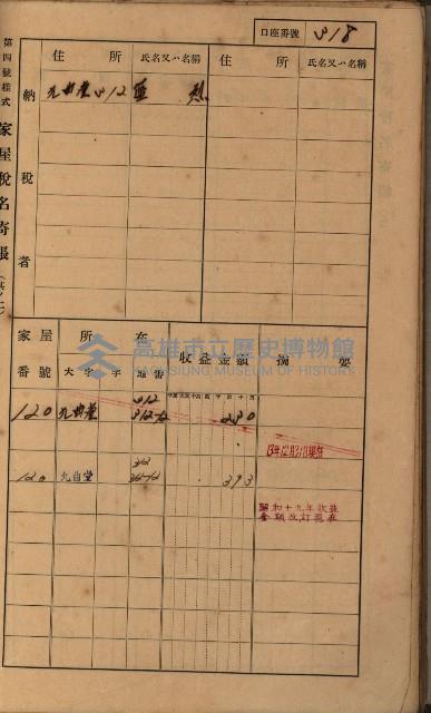 高雄州鳳山郡大樹庄九曲堂家屋稅名寄帳
（二冊之內第二號）藏品圖，第120張