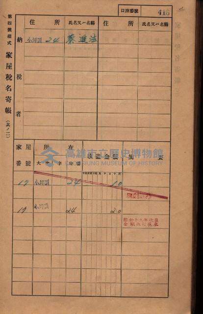 高雄州鳳山郡大樹庄小坪頂家屋稅名寄帳
（三冊之內第三號）藏品圖，第20張